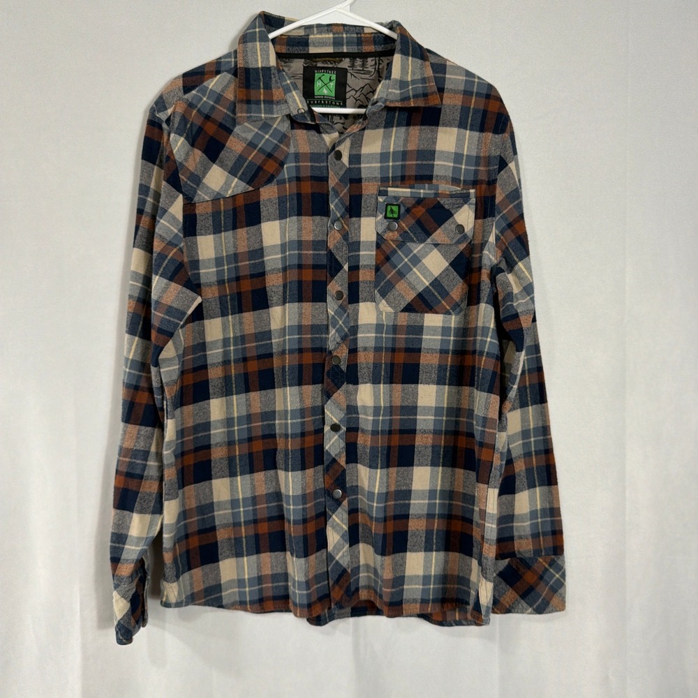HippyTree Flannel Shirt Nomad Division Plaid Snap Front Blue Brown Mens Large